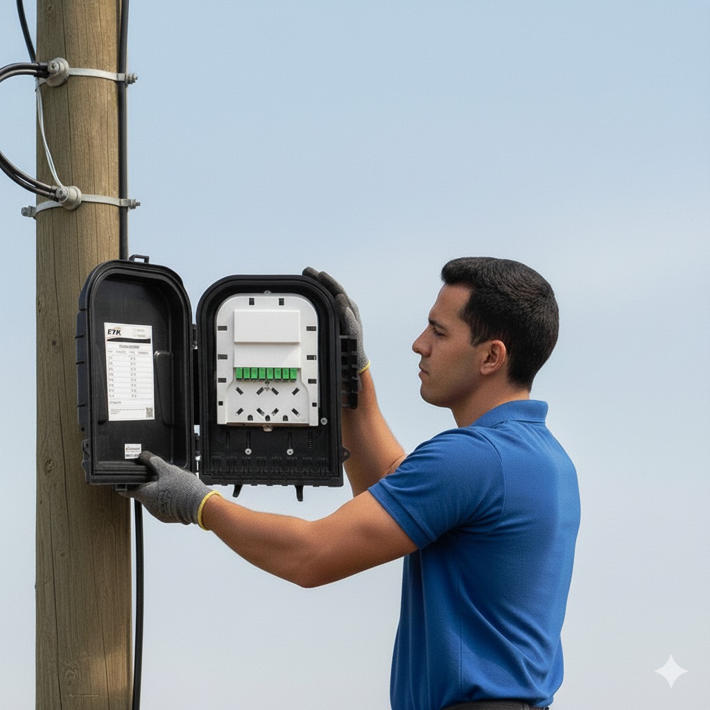 Técnico realizando fusão óptica